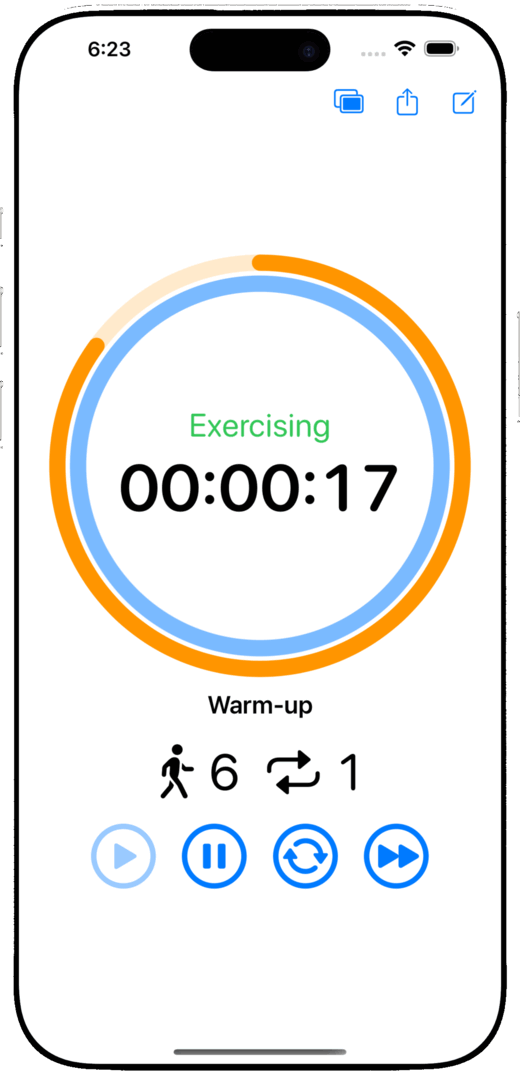 The LastTimer round screen: a countdown ring reading 17 seconds on the Warm-up round, with play, pause, reset and skip controls.