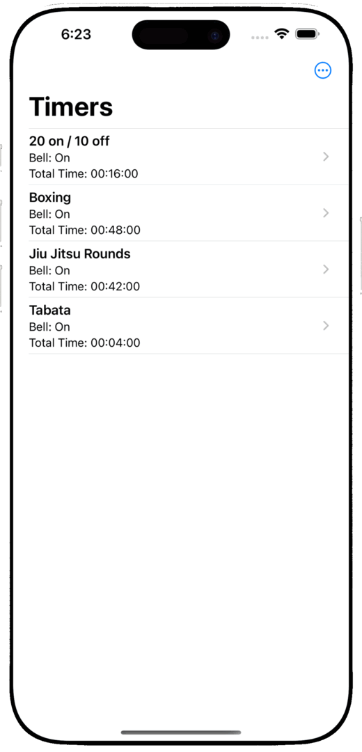The Timers list: saved timers for 20 on / 10 off, Boxing, Jiu Jitsu Rounds and Tabata, each showing its total time.