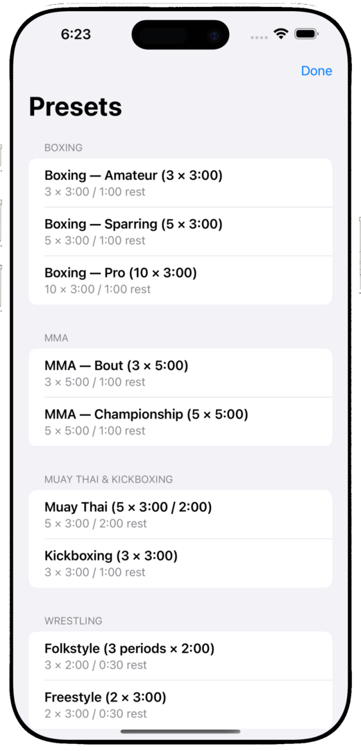The Presets screen: ready-made round timers grouped by Boxing, MMA, Muay Thai and kickboxing, and wrestling.