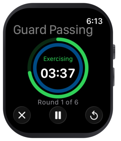 LastTimer on Apple Watch: a green countdown ring reading 03:37 on the Exercising phase of Guard Passing, round 1 of 6, with end, pause and reset controls.