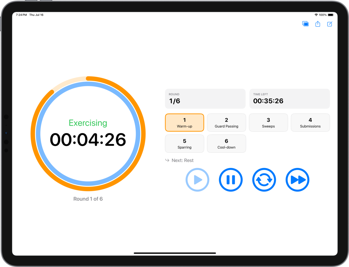 LastTimer on iPad in landscape: the coaching dashboard, with a large countdown ring beside a board of all six rounds, round and time-left stats, and what is up next.